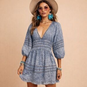 Free People Small Jean Mini Dress Acid Wash Boho Peasant Babydoll Cotton